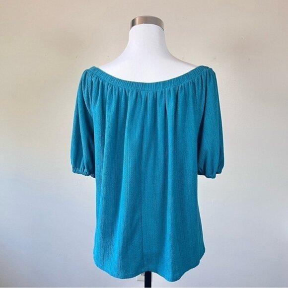 Anthropologie Elodie Turquoise Puff Sleeve Off Shoulder Top Large - Picture 7 of 12